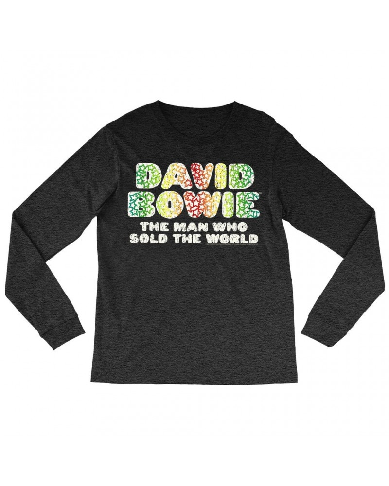 David Bowie Long Sleeve Shirt | Rainbow Funky The Man Who Sold The World Logo Distressed Shirt $11.38 Shirts