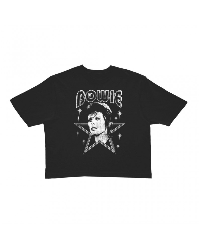 David Bowie Ladies' Crop Tee | White Vintage Retro Star Image Distressed Crop T-shirt $8.62 Shirts