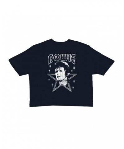 David Bowie Ladies' Crop Tee | White Vintage Retro Star Image Distressed Crop T-shirt $8.62 Shirts