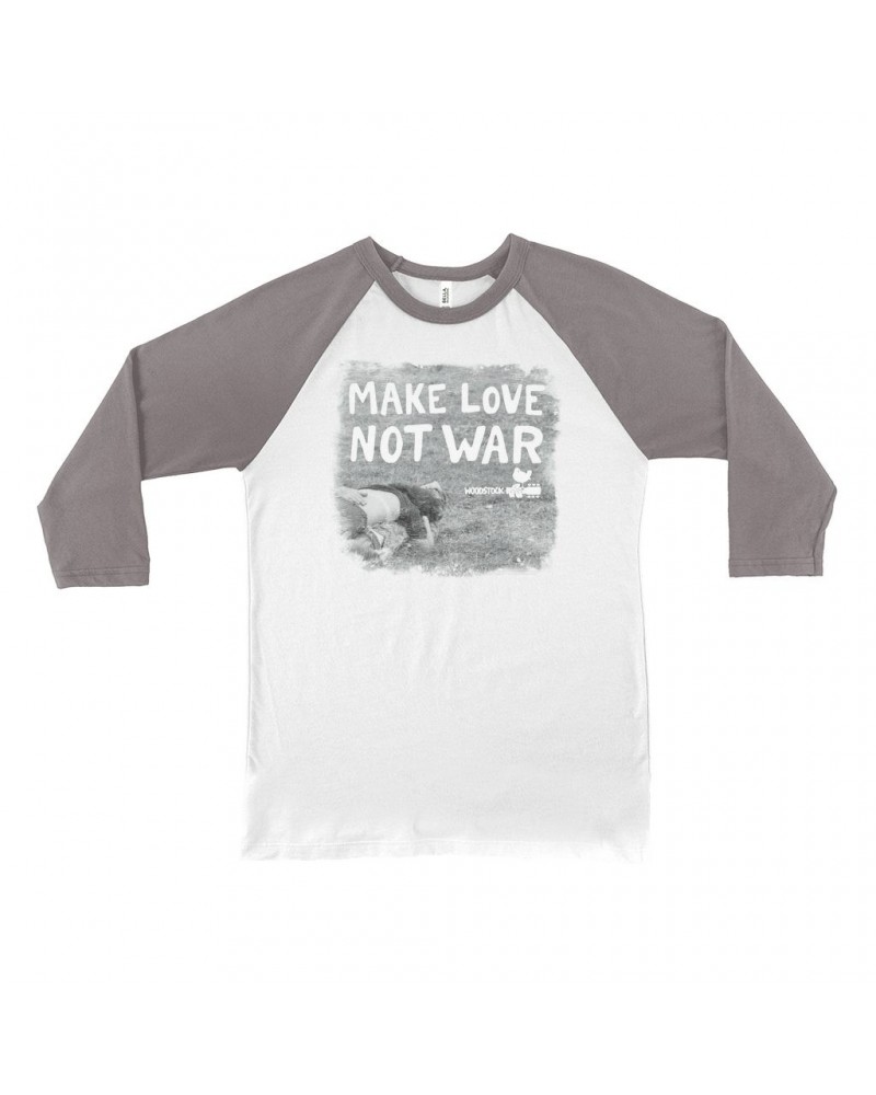 Woodstock 3/4 Sleeve Baseball Tee | Make Love Not War Famous Image Distressed Shirt $11.08 Shirts