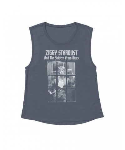 David Bowie Ladies' Muscle Tank Top | Ziggy Stardust And The Spiders From Mars Design White Shirt $10.87 Shirts