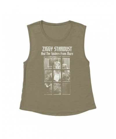 David Bowie Ladies' Muscle Tank Top | Ziggy Stardust And The Spiders From Mars Design White Shirt $10.87 Shirts