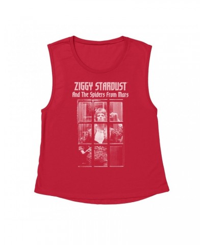 David Bowie Ladies' Muscle Tank Top | Ziggy Stardust And The Spiders From Mars Design White Shirt $10.87 Shirts